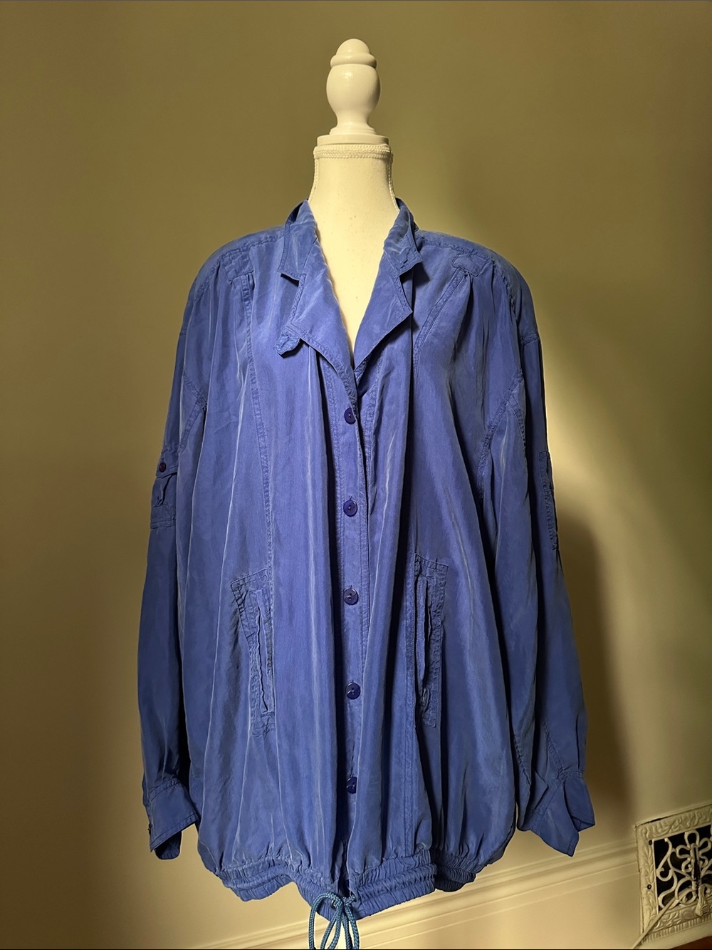 SANDWASH SILK Vintage Blue‎ 100% Silk Retro Cinched Hem Button Down Large